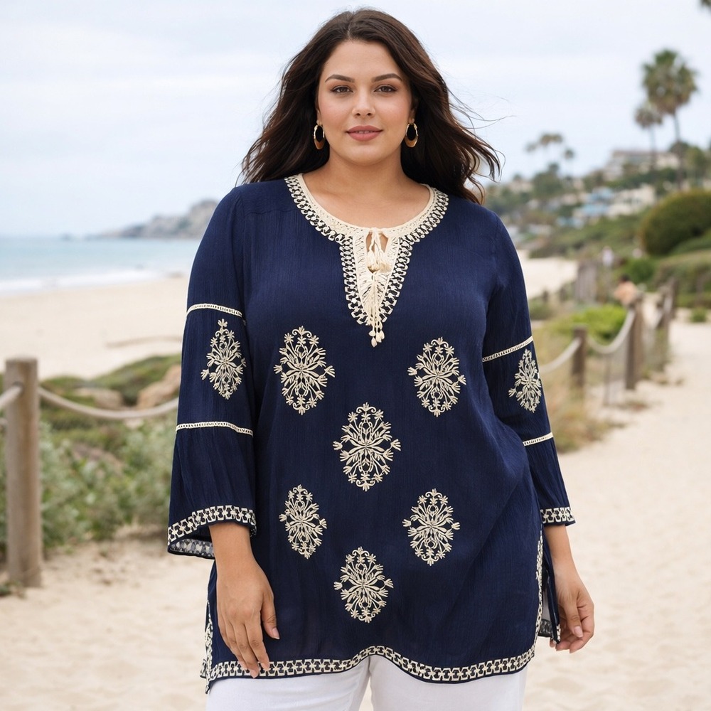 Anandas Navy Embroidered Boho Tunic Top 2XL Plus Size Coastal‎ Crochet Lace NWT
